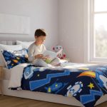 Criança a ler na cama com capa de edredão temática de foguetes e estrelas, com um robô de peluche ao lado, perto de uma janela.