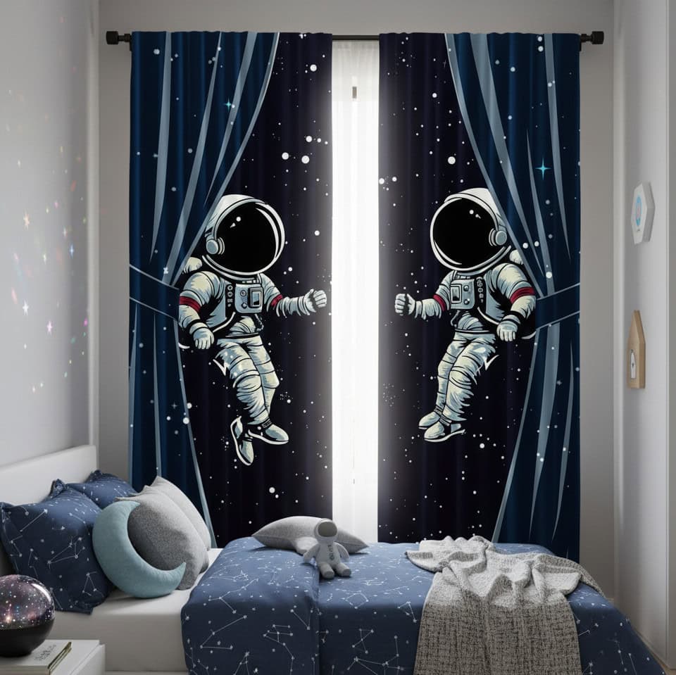 Cortina com ilustração de dois astronautas flutuando no espaço, com estrelas e galáxias ao fundo, em cores azul escuro e branco.