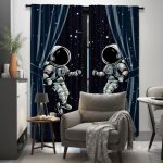 Cortina decorativa com dois astronautas flutuando no espaço, estrelas e planetas ao fundo, em cores azul escuro e branco.