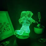Luz LED 3D de astronauta em posição de caminhada, com detalhes em wireframe, iluminada em verde, sobre base circular.