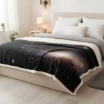 Manta de cama com padrão de galáxia, estrelas e nebulosas, colocada sobre uma cama de casal em quarto bem iluminado com decoração minimalista.