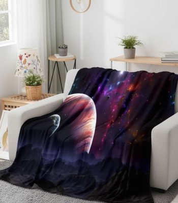 Manta com padrão de galáxias, estrelas e planetas, colocada sobre um sofá branco na sala de estar.