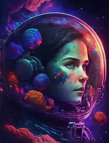 Retrato de uma mulher astronauta com capacete, rodeada por nuvens de cores vibrantes e planetas no espaço.