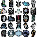 Coleção de adesivos com temas de espaço, astronomia, astronautas, alienígenas, foguetes, planetas, estrelas, e elementos científicos para decoração.
