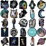 Coleção de adesivos com temas de espaço, ciência, astronautas, planetas, foguetes, telescópios, minerais e elementos de ficção científica.