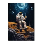 Astronauta sentado na superfície lunar segurando uma garrafa, com o planeta Terra e luas no céu noturno ao fundo, cenário espacial detalhado.