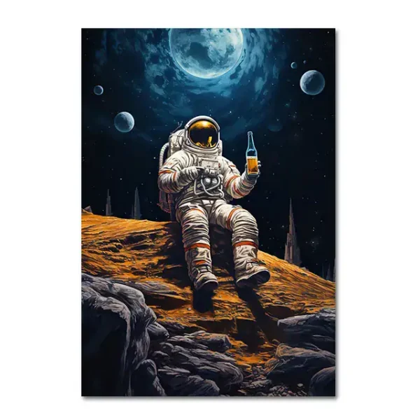 Astronauta sentado na superfície lunar segurando uma garrafa, com o planeta Terra e luas no céu noturno ao fundo, cenário espacial detalhado.