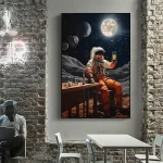 Ilustração de astronauta sentado numa mesa com tubos de ensaio, fundo com planetas e luas no espaço, luz lunar brilhante e estrelas.