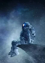Astronauta em traje espacial sentado na borda de um planeta, com céu estrelado ao fundo, observando o espaço.