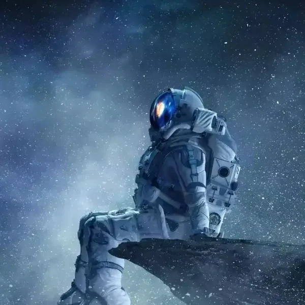 Astronauta em traje espacial sentado na borda de um planeta, com céu estrelado ao fundo, observando o espaço.
