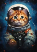 Gato com olhos azuis e pelagem laranja dentro de capacete de astronauta, traje espacial detalhado, fundo escuro com estrelas e nebulosas.