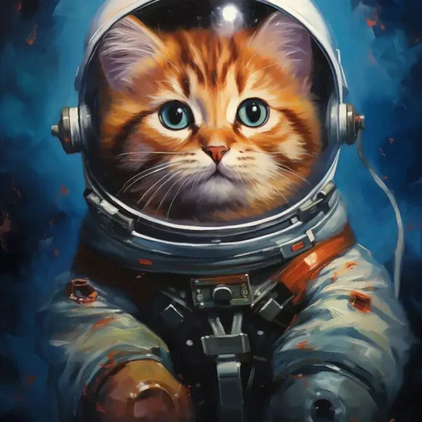 Gato com olhos azuis e pelagem laranja dentro de capacete de astronauta, traje espacial detalhado, fundo escuro com estrelas e nebulosas.