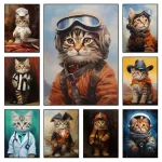 Coleção de gatos com roupas de astronauta, médico, policial e outros, em diferentes cenários de aventura e ciência.
