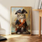 Quadro com gato vestido de pirata, usando chapéu e casaco, com fundo de navio e mar, em estilo artístico clássico.