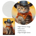 Gato com chapéu de cowboy, capa laranja e fundo de deserto, em estilo de pintura de alta definição.