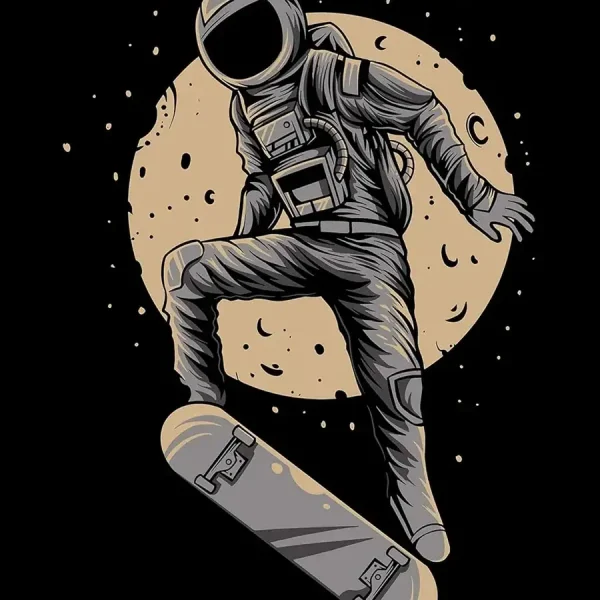 Astronauta em traje espacial a fazer skate, com a Lua ao fundo e estrelas no céu escuro.