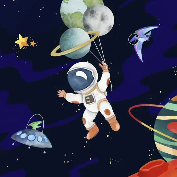 Astronauta flutuando no espaço com planetas, estrelas, cometas e naves espaciais ao fundo, em uma cena colorida e imaginativa.