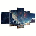 Conjunto de cinco quadros decorativos com paisagem espacial, estrelas, planetas e montanhas, em diferentes tamanhos e disposição.