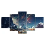 Painel decorativo com paisagem de montanhas, estrelas, galáxias e planetas em cores vibrantes, ideal para decoração de ciência.