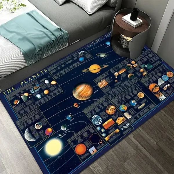 Tapete com representação detalhada do sistema solar, incluindo planetas, luas e o Sol, com informações científicas ao lado de cada corpo celeste.