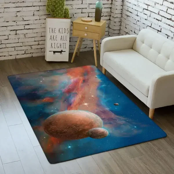 Tapete decorativo com design de espaço, planetas, estrelas e nebulosas em cores vibrantes.