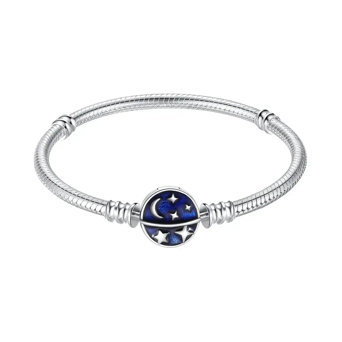 Bracelet scientifique en argent avec pendentif ciel étoilé Bracelet en argent avec pendentif représentant un ciel étoilé, comprenant des étoiles et une lune, idéal pour les amateurs de science et d'astronomie.