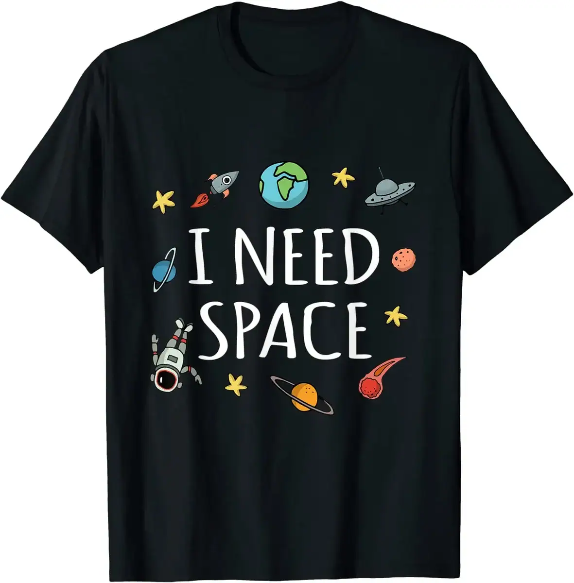 T-shirt "I NEED SPACE" avec motifs spatiaux et planètes Vérifiez ce t-shirt noir avec le texte "I NEED SPACE" entouré de dessins de planètes, d'astres, d'une fusée, d'un astronaute et d'une soucoupe volante, parfait pour les amateurs d'astronomie et de sci.