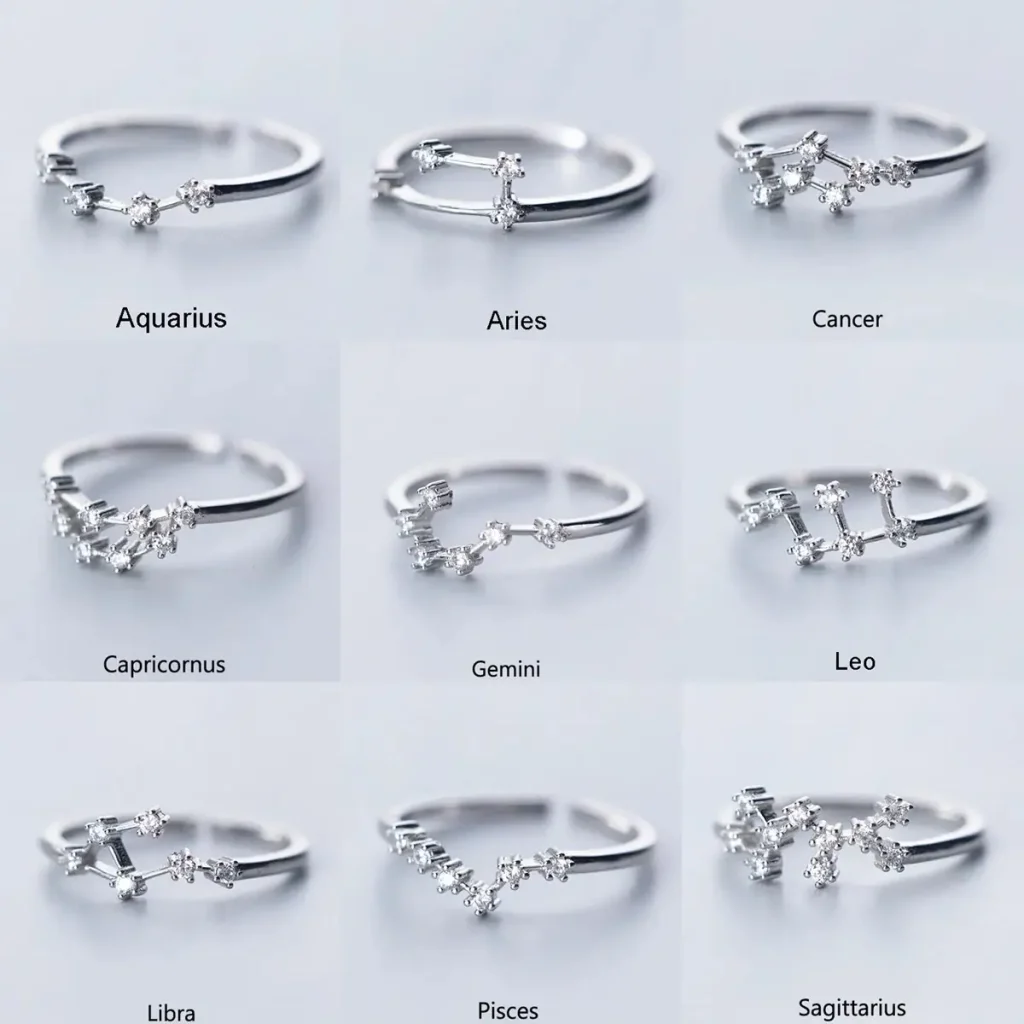 Conjunto de sete anéis de prata, cada um representando um signo zodiacal com detalhes brilhantes e design delicado.