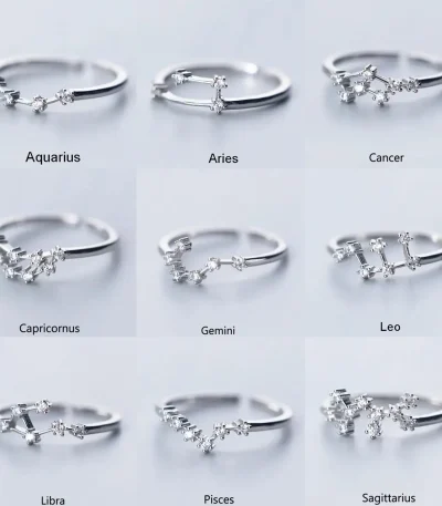 Conjunto de sete anéis de prata, cada um representando um signo zodiacal com detalhes brilhantes e design delicado.