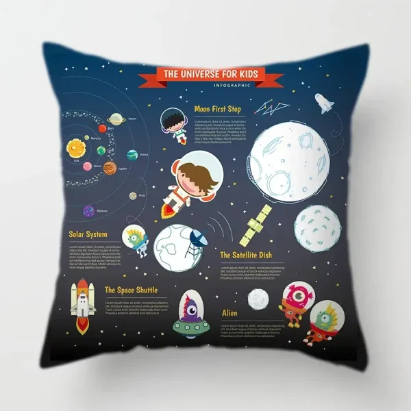 Ilustração colorida de um universo infantil com planetas, foguetes, astronautas e alienígenas em fundo escuro estrelado.