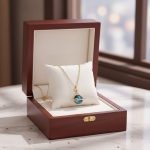 Colar em ouro com pingente representando um planeta, apresentado em uma elegante caixa de madeira para joias. Perfeito para amantes da ciência e astronomia.