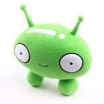 Pelúcia de extraterrestre com corpo redondo, olhos grandes e antenas, feita de tecido macio, ideal para brinquedo educativo ou decoração temática de ciência.