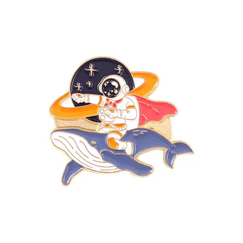 Pins de astronauta e baleia, decoração científica e marinha.