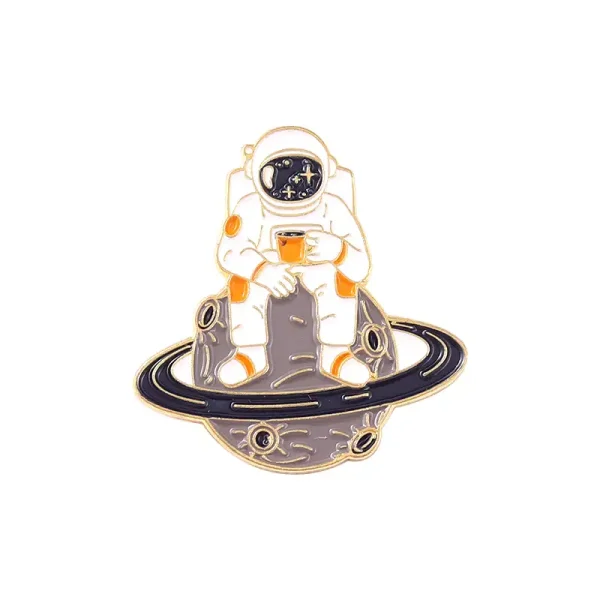 Pins de astronauta no espaço com planeta e estrelas.