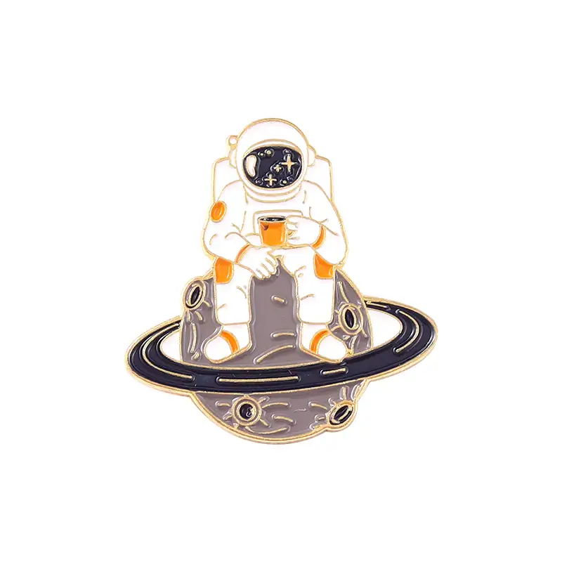 Pins de astronauta no espaço com planeta e estrelas.