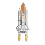 Nave espacial em miniatura com propulsores em chamas, ideal para decoração científica ou coleção.