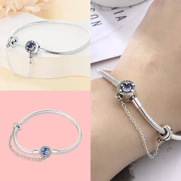 Pulseira de prata com pingente de estrela e lua, perfeita para um toque elegante e cósmico.