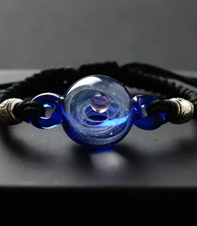 Pulseira de cordão negro com esfera de vidro azul e detalhes metálicos.