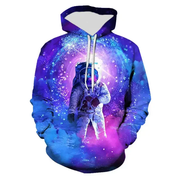 Roupa com capuz com design de astronauta num universo espacial colorido, misturando violeta, azul e rosa, perfeito para os amantes de ciência e astronomia.