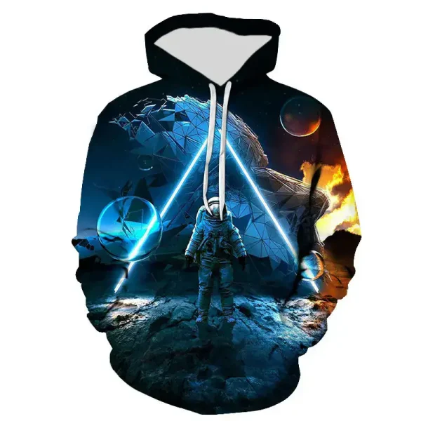 Roupa com capuz com design de exploração espacial, apresentando um astronauta, planetas e elementos futuristas, perfeito para os amantes de ciência e astronomia.