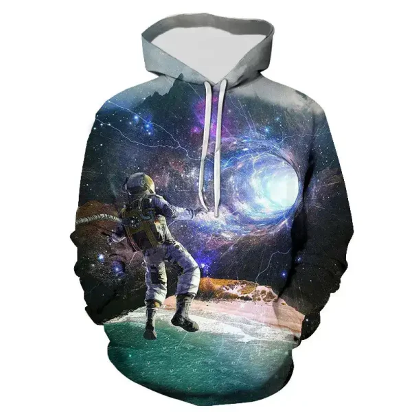 Roupa com capuz com padrão de espaço e astronauta, design cósmico e futurista, perfeito para os amantes de ciência e astronomia.