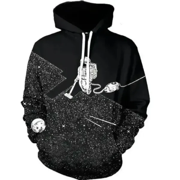 Casaco com capuz preto com padrão de espaço, estrelas e planetas brancas, inspirado no universo, ideal para os amantes de ciência e astronomia.