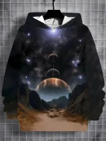 Vestuário com padrão de espaço, planetas e estrelas, perfeito para os amantes de astronomia e decoração científica. Confortável e estiloso, ideal para exibir sua paixão pelo universo.