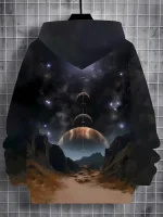Vestuário com design de espaço, planetas e estrelas, perfeito para os amantes de astronomia e ficção científica.