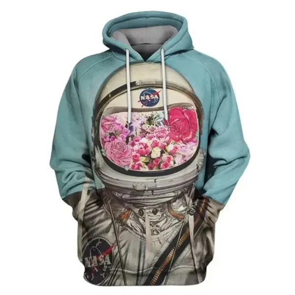 Sweat com capuz da NASA com design floral, misturando o universo espacial e a natureza, ideal para os amantes de ciência e decoração original.