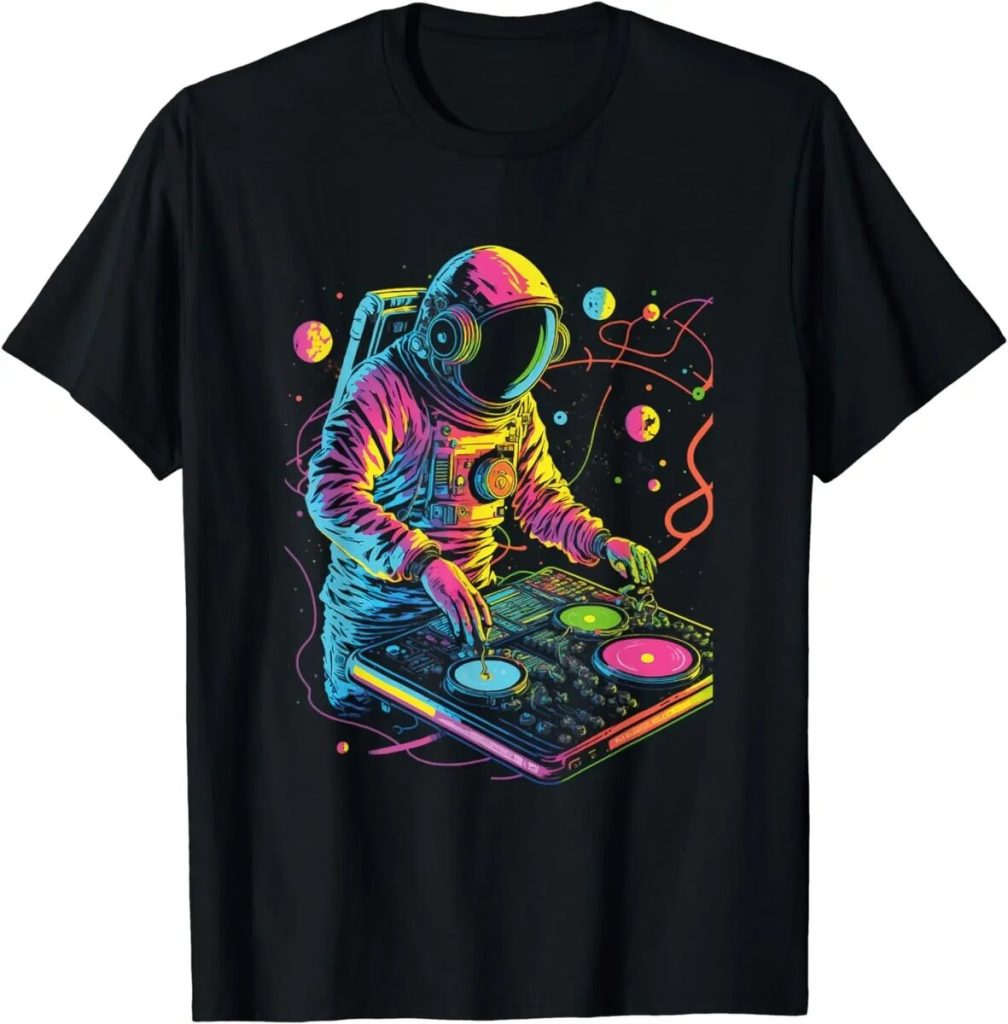 DJ espacial em traje de astronauta misturando música e ciência.