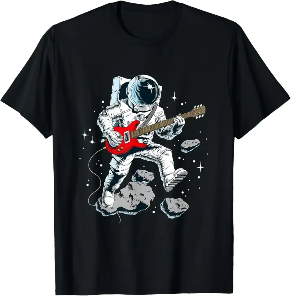 Astronauta tocando guitarra elétrica no espaço, flutuando entre asteroides e estrelas, ilustrando a fusão da ciência e da música.