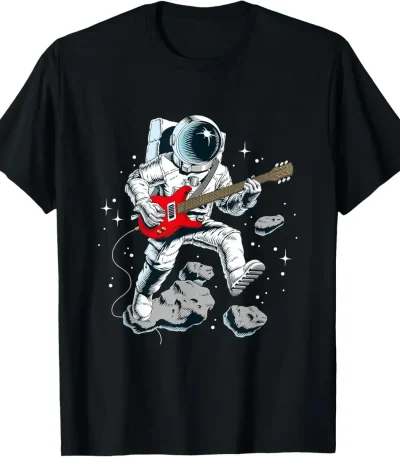 Astronauta tocando guitarra elétrica no espaço, flutuando entre asteroides e estrelas, ilustrando a fusão da ciência e da música.
