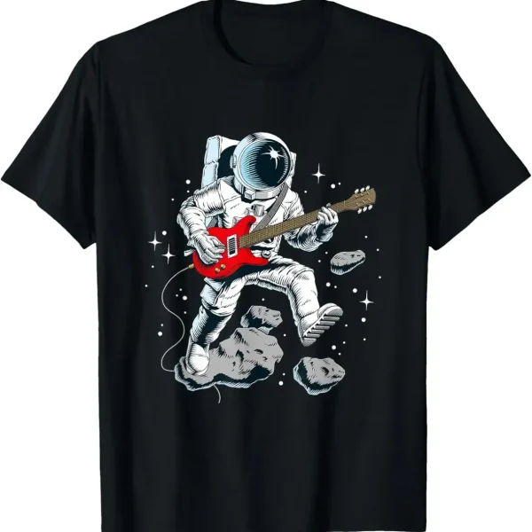 Astronauta tocando guitarra elétrica no espaço, flutuando entre asteroides e estrelas, ilustrando a fusão da ciência e da música.