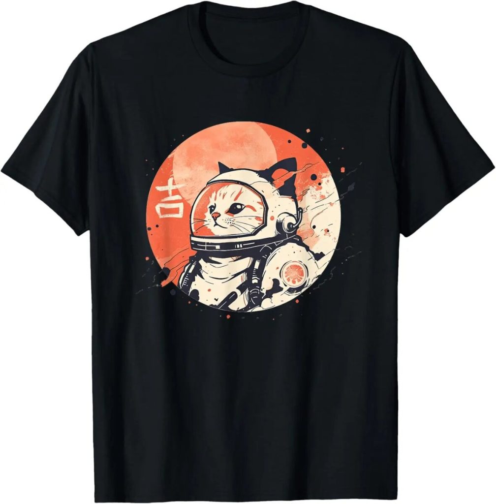 Gato astronauta usando um capacete espacial com logotipo da NASA, em estilo artístico com um fundo lunar laranja.